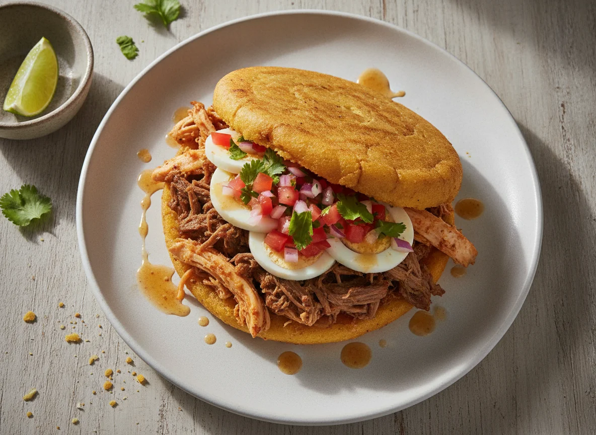 Arepa rellena de pollo y carne mechada photo