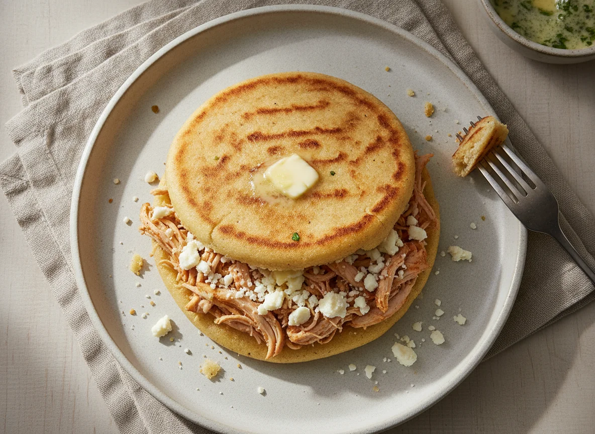 Arepa rellena de pollo y queso photo