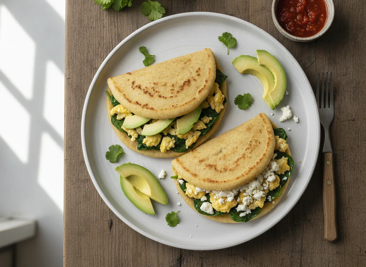 Arepas con huevos revueltos, espinacas y aguacate photo
