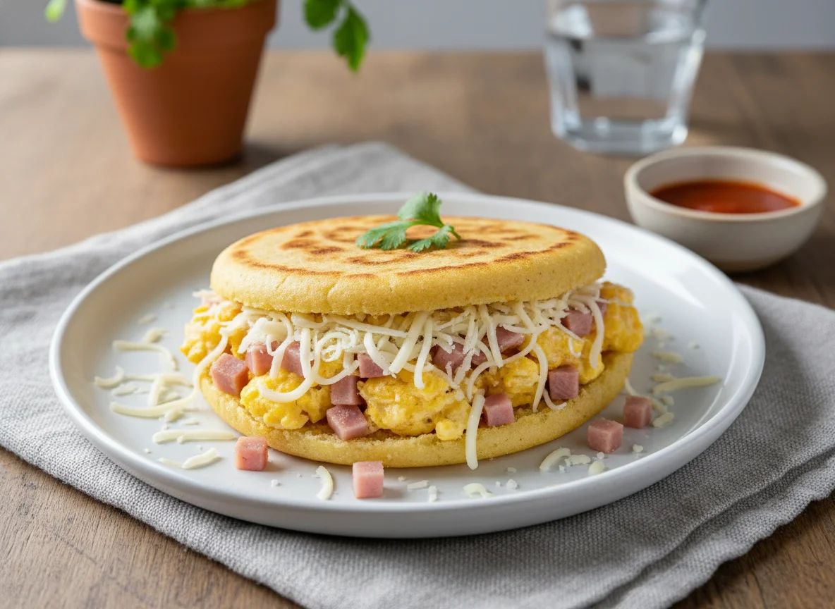 Arepas con jamón, huevo y queso photo