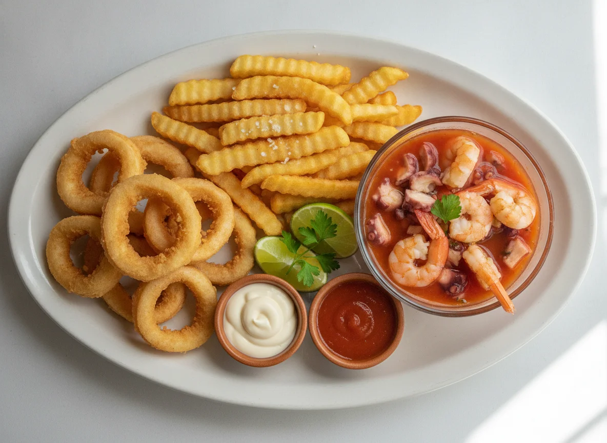 Aros de calamar fritos, papas fritas y cóctel de camarón photo