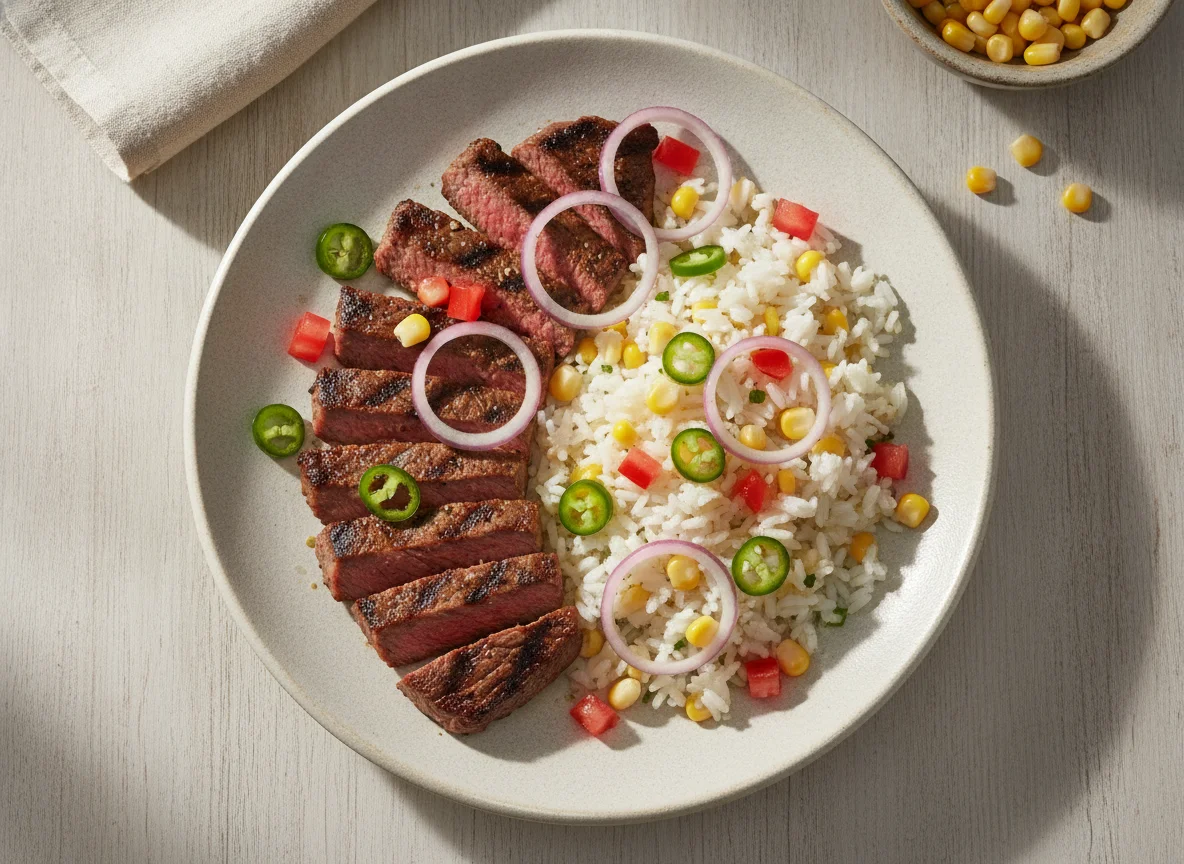 Arrachera con arroz y elote photo