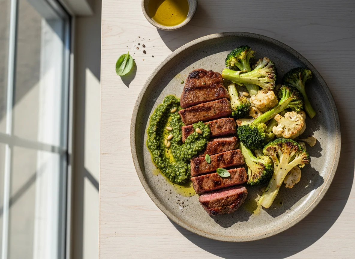 Arrachera con brócoli y coliflor photo