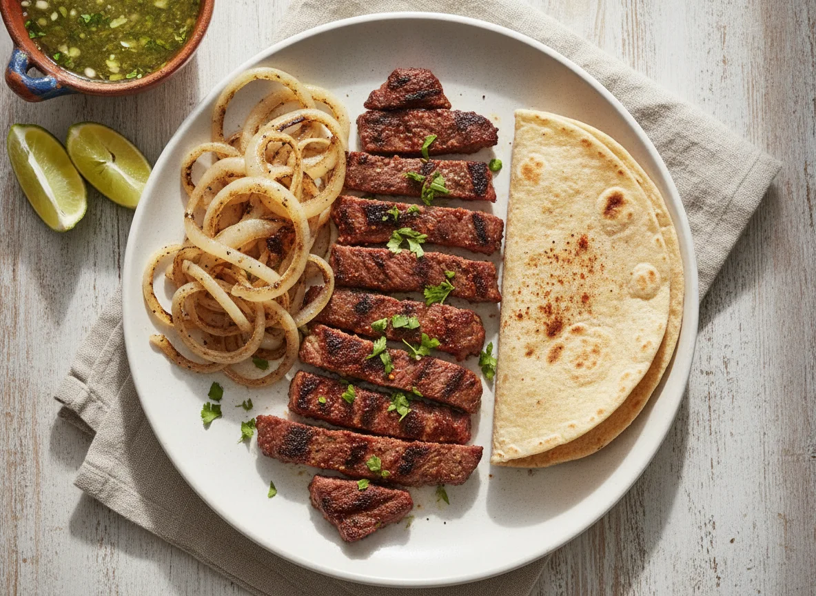 Arrachera con cebolla asada y tortilla photo
