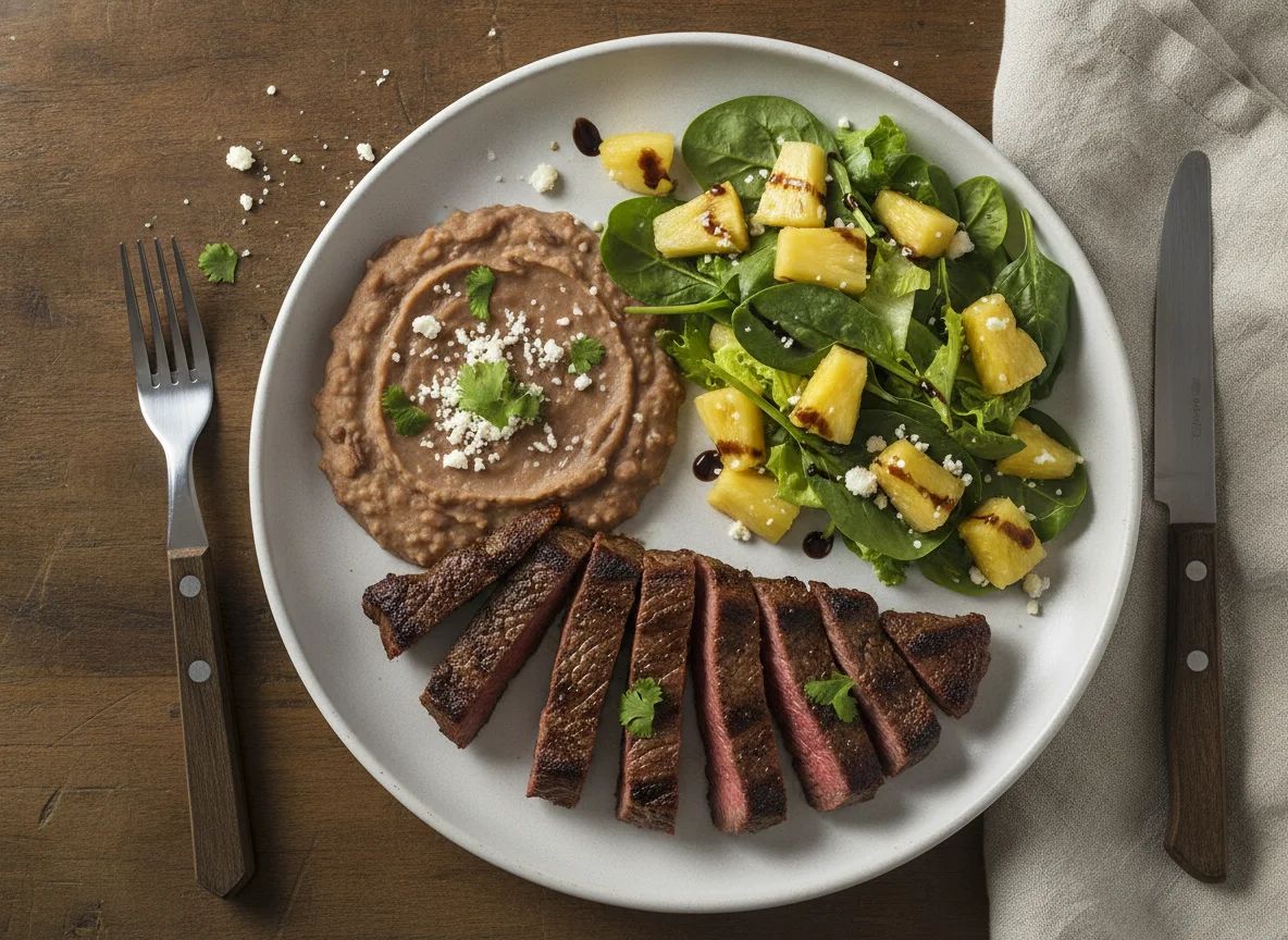 Arrachera con ensalada de piña y frijoles photo