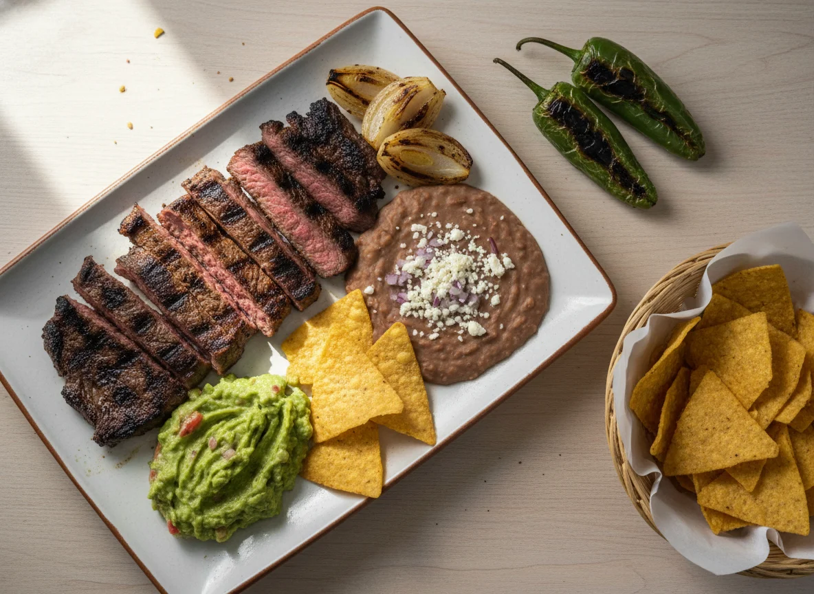 Arrachera con frijoles y guacamole photo