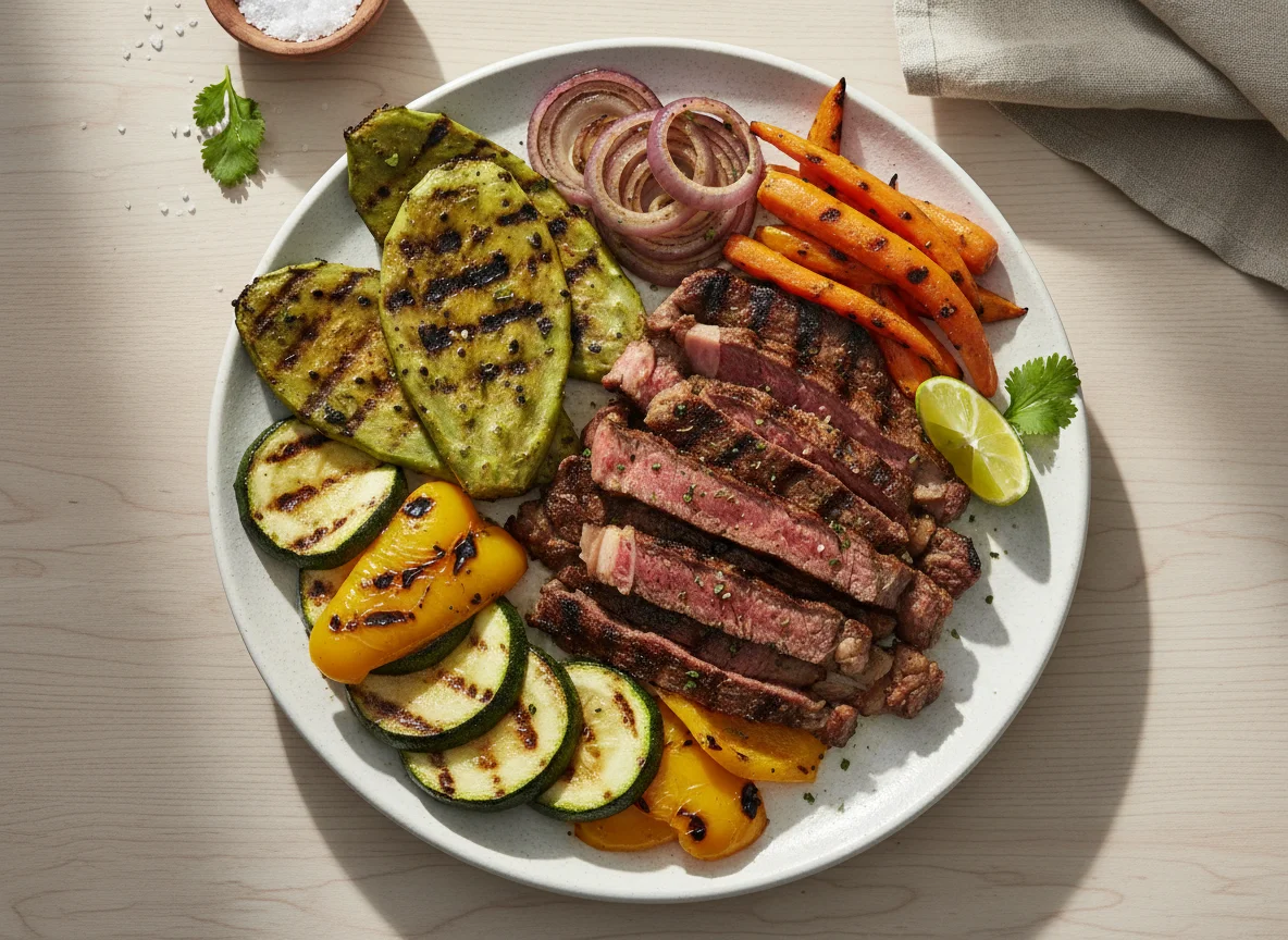 Arrachera con nopales y vegetales asados photo