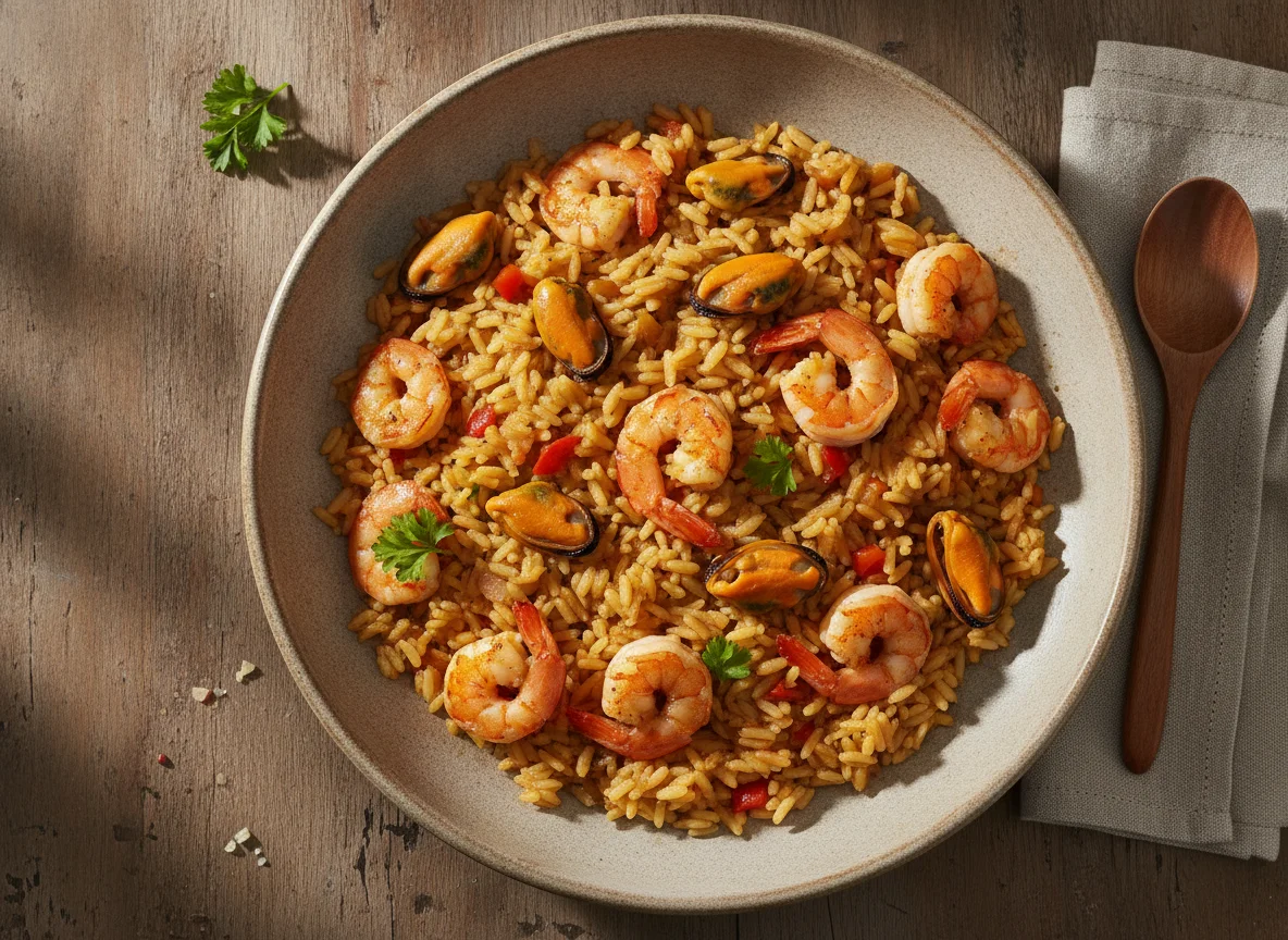 Arroz a banda con gambas y mejillones photo