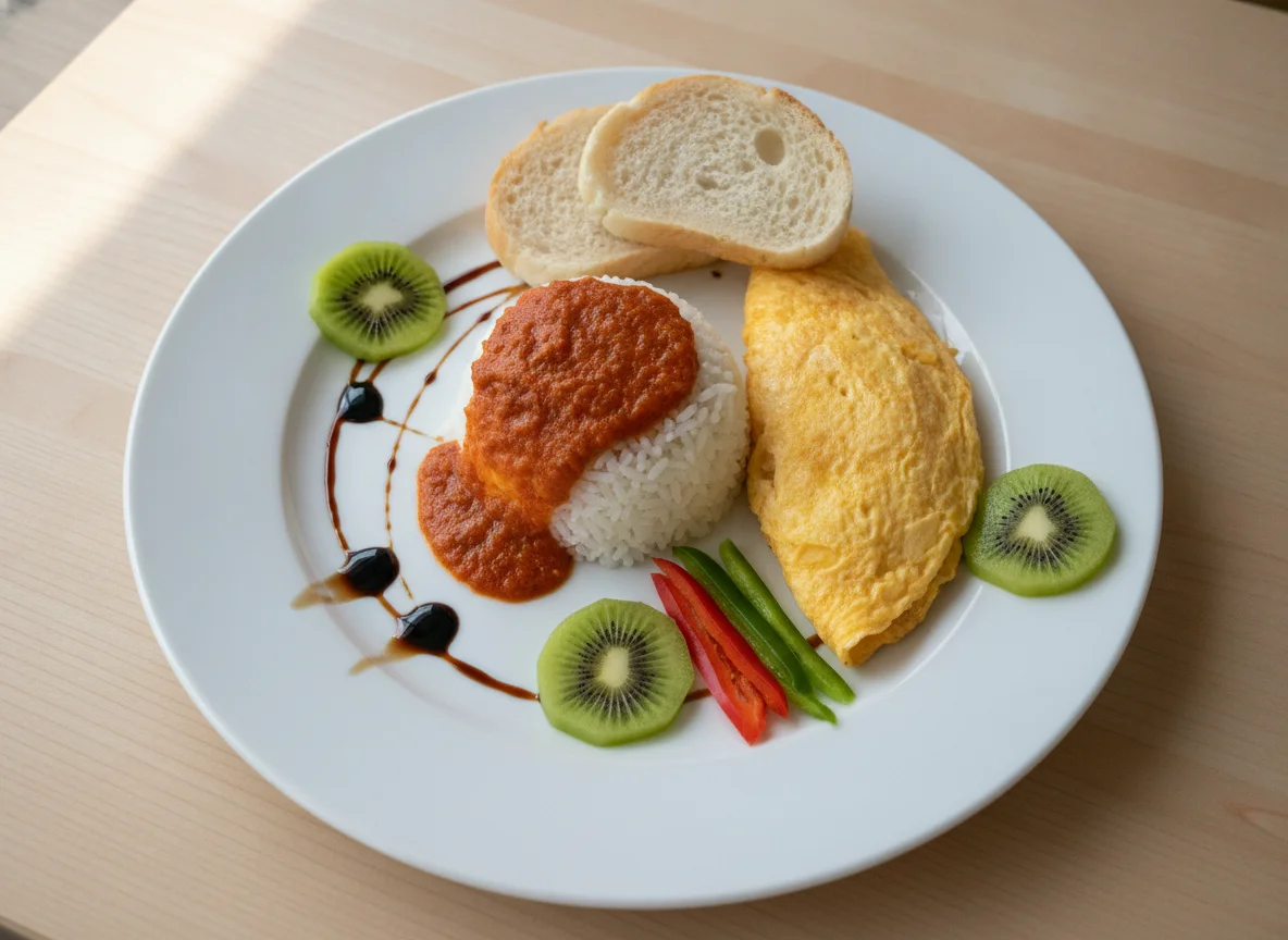Arroz a la cubana con kiwi y pan photo