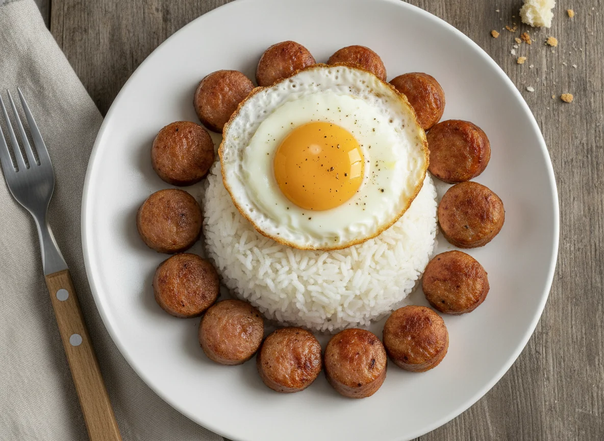 Arroz a la cubana con salchichas photo