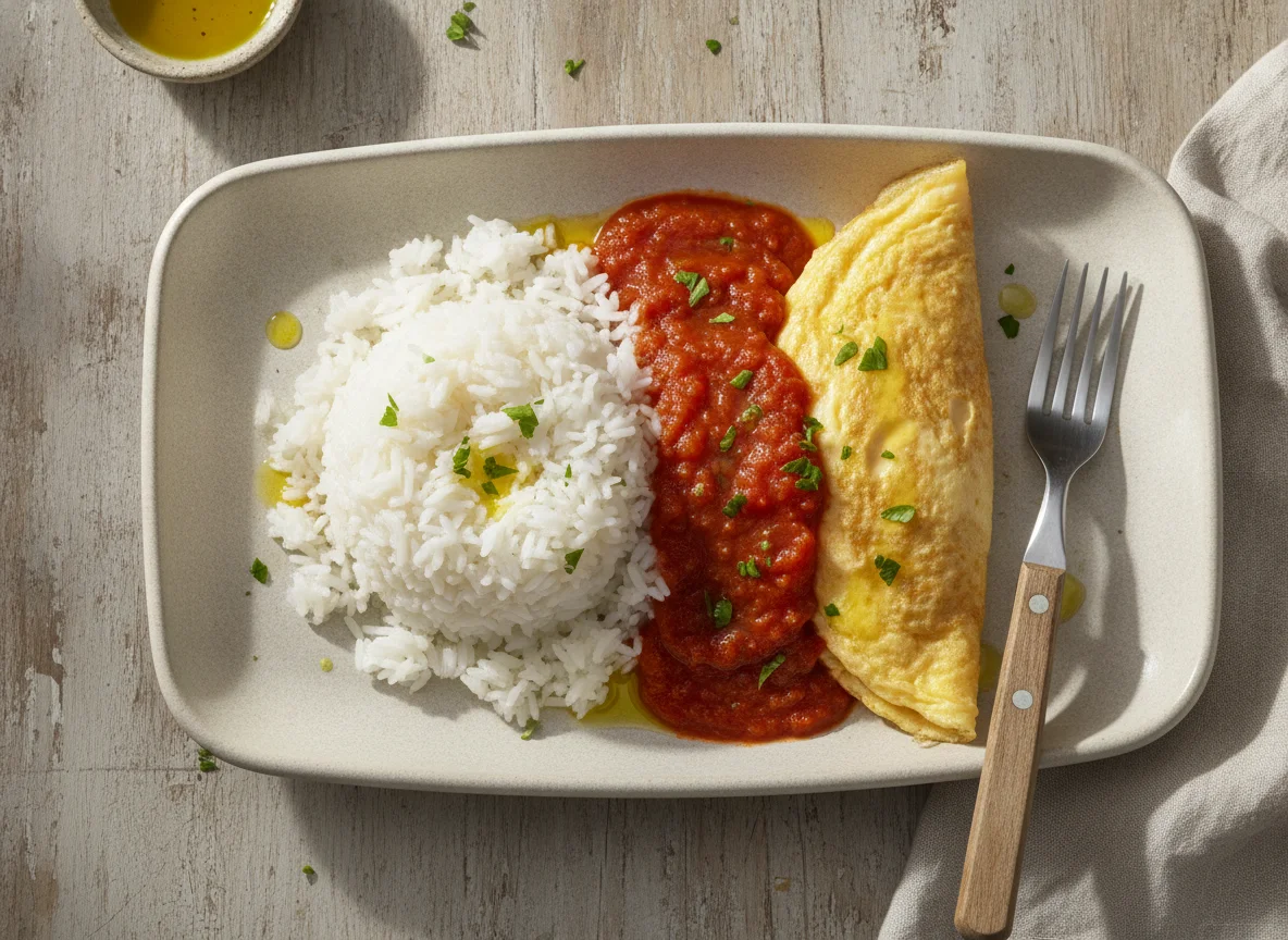 Arroz a la cubana con tortilla francesa photo