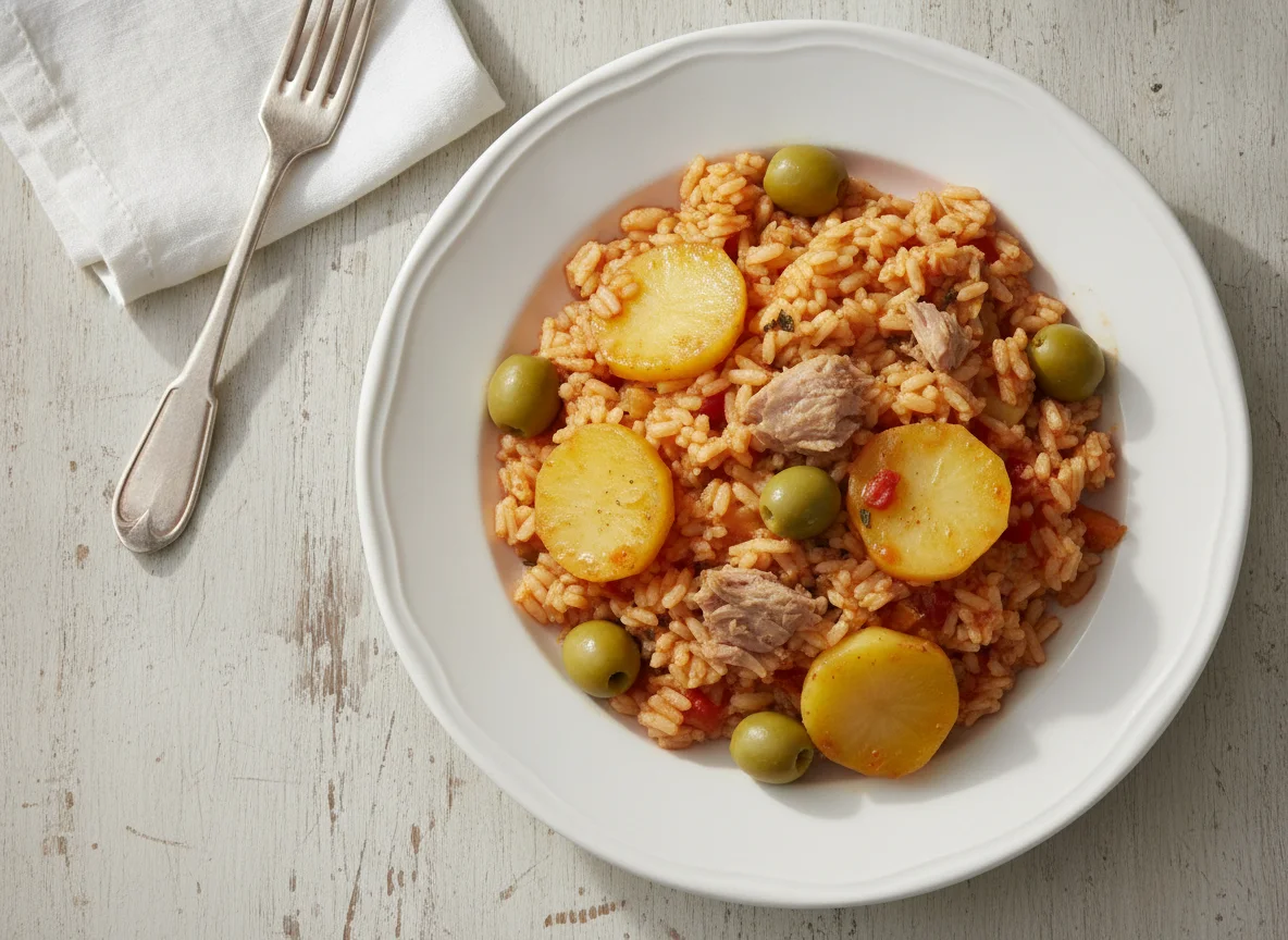 Arroz a la tumbada con papas y aceitunas photo