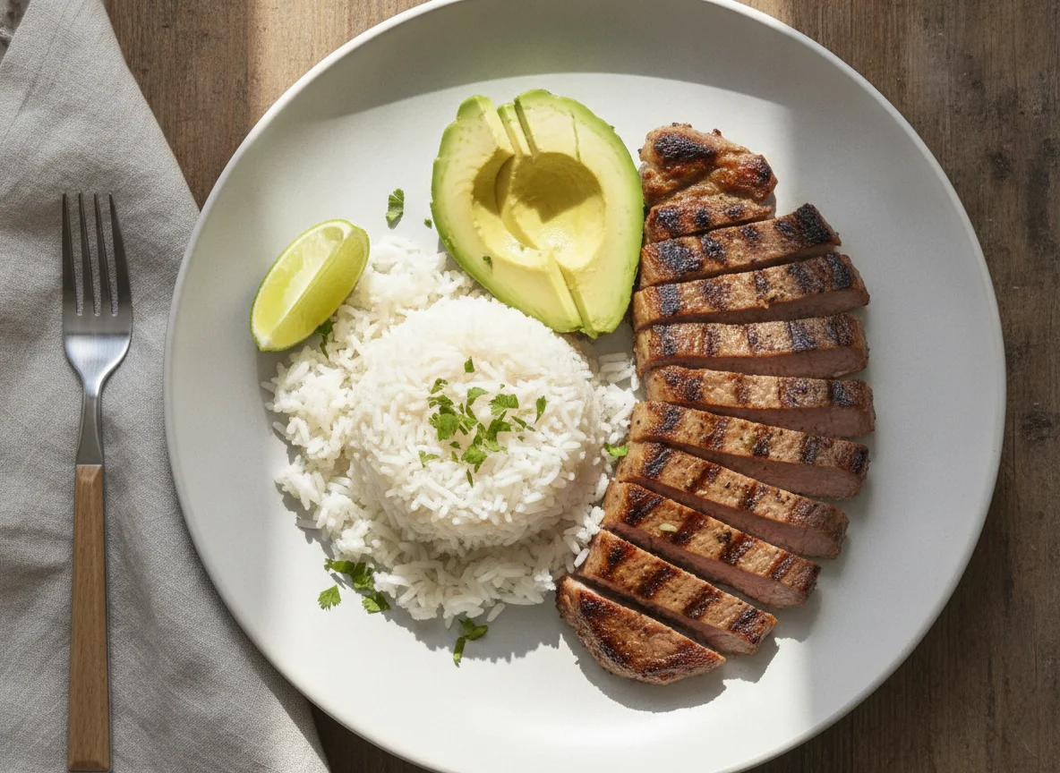 Arroz, aguacate y carne a la plancha photo