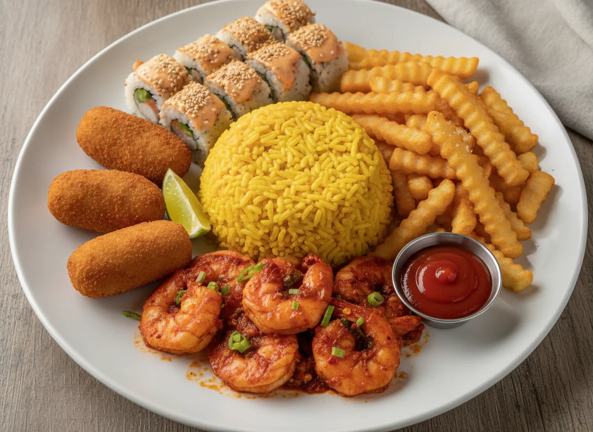 Arroz amarillo con camarones a la diabla, croquetas y papas fritas photo