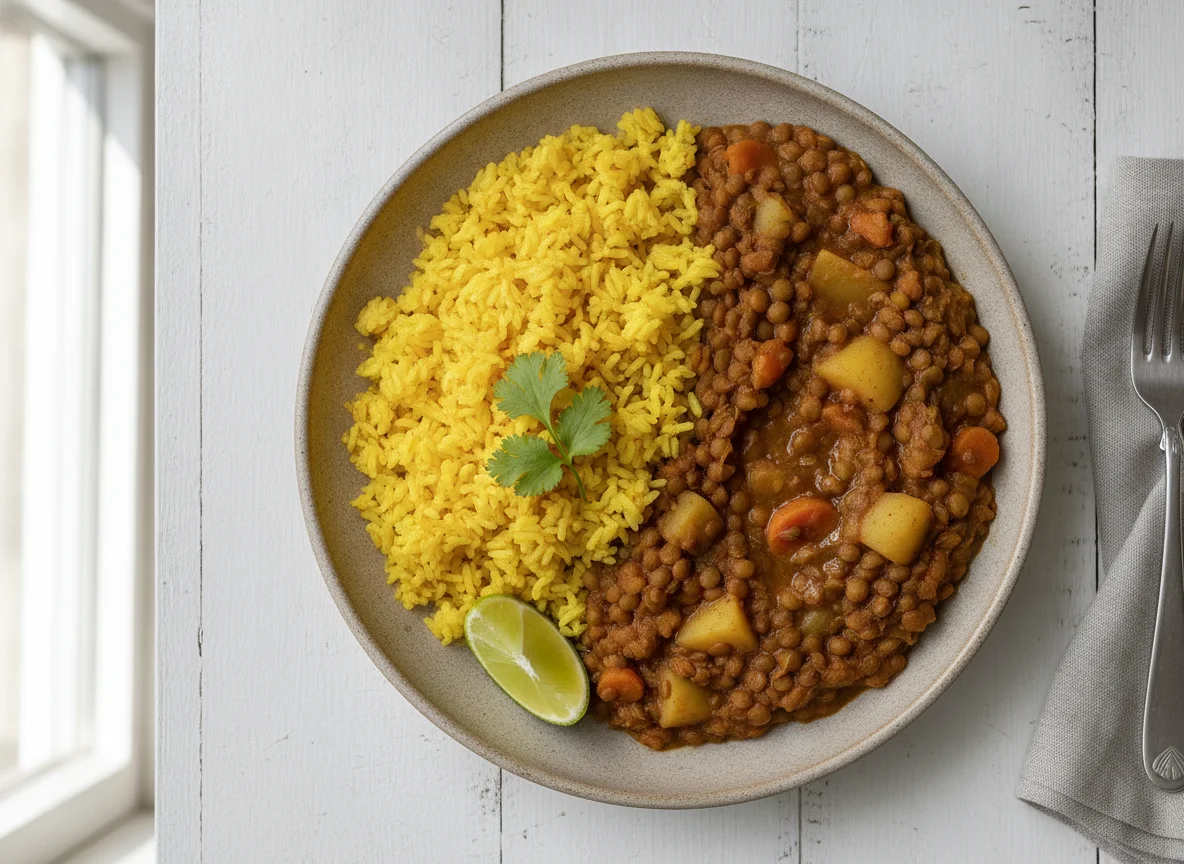Arroz amarillo con menestra de lentejas photo