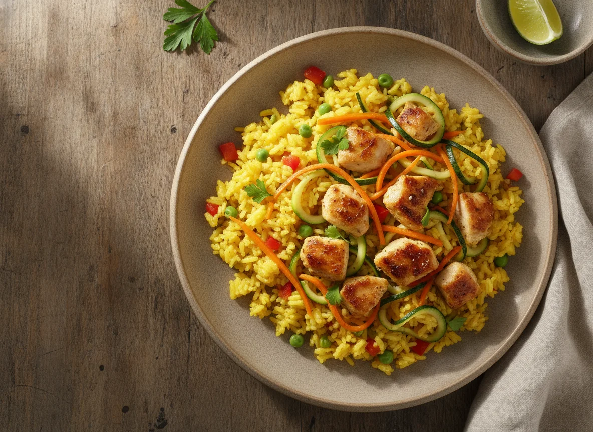 Arroz amarillo con salteado de pollo y verduras photo