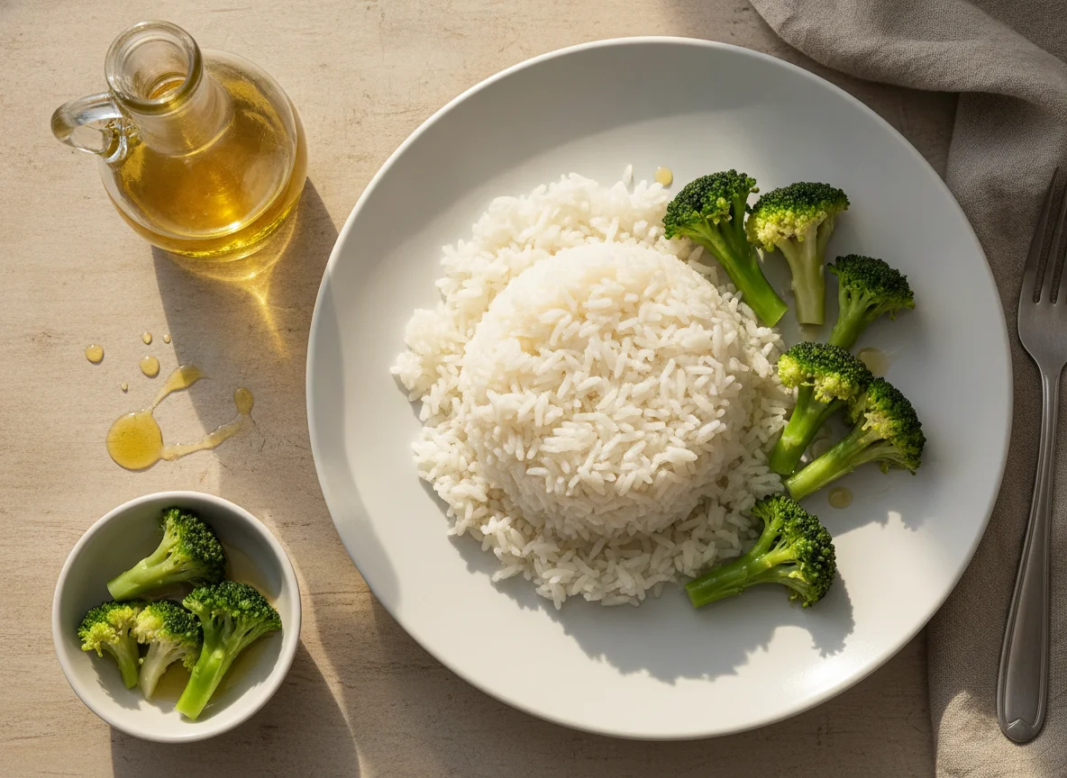 Arroz blanco con brócoli al vapor photo