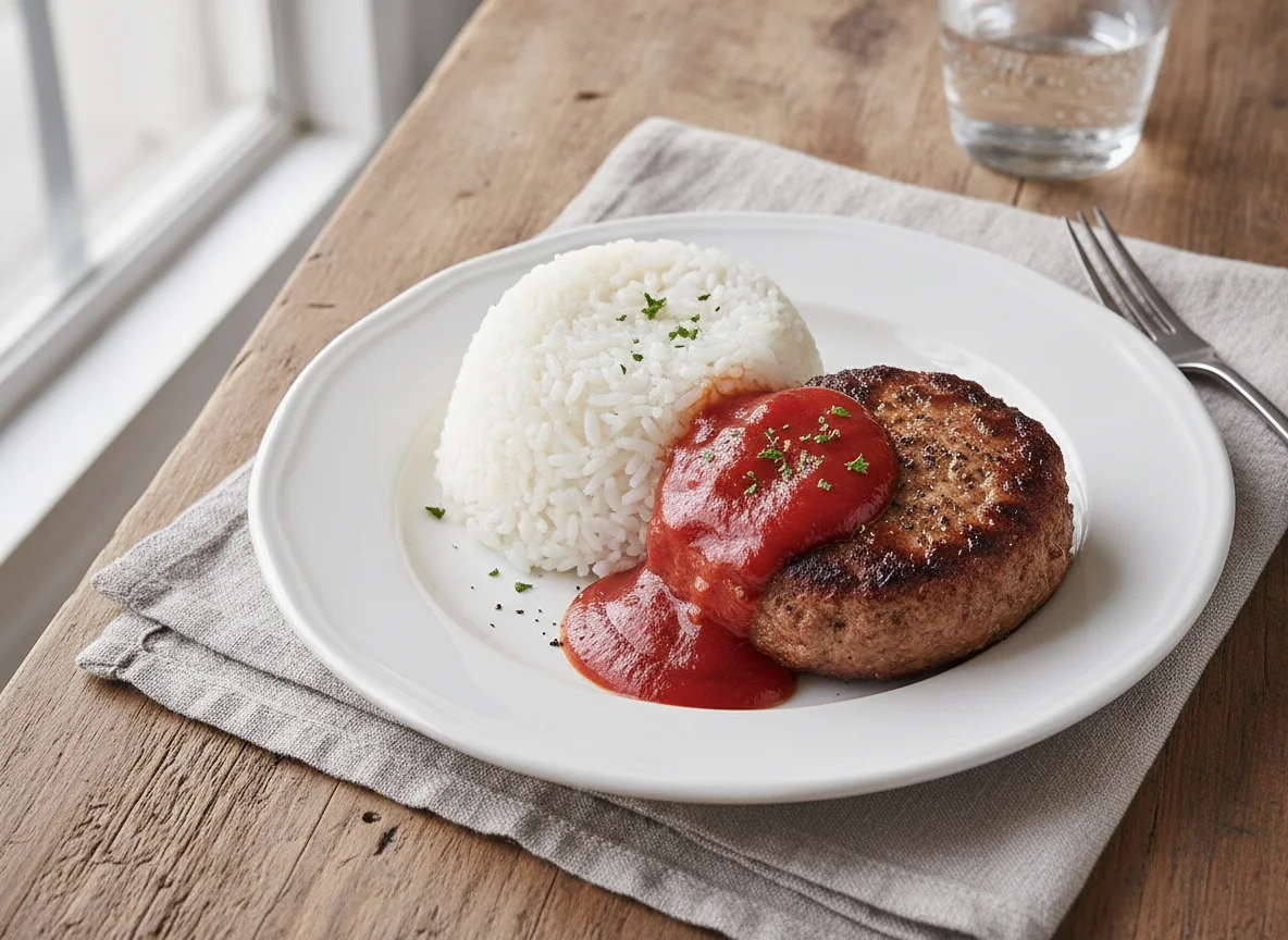 Arroz blanco con carne procesada y salsa photo