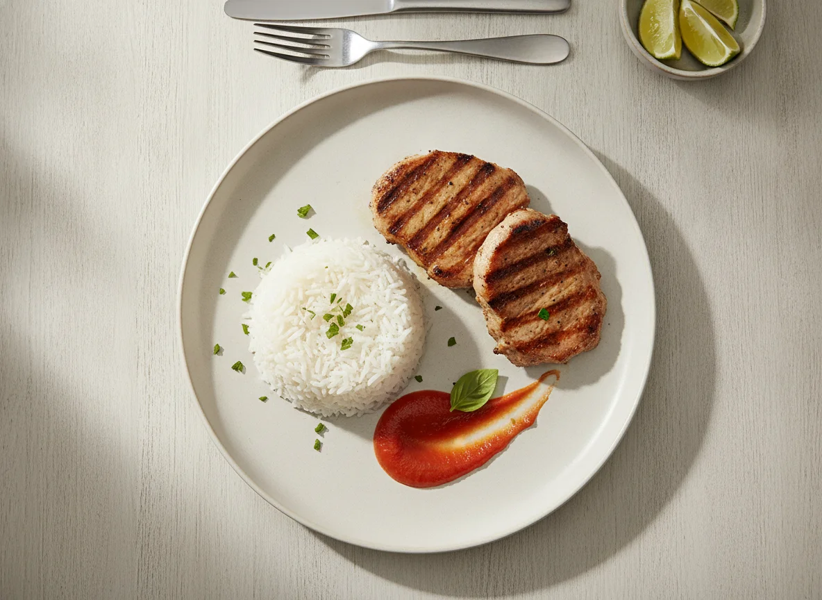 Arroz blanco con cerdo a la plancha y salsa de tomate photo