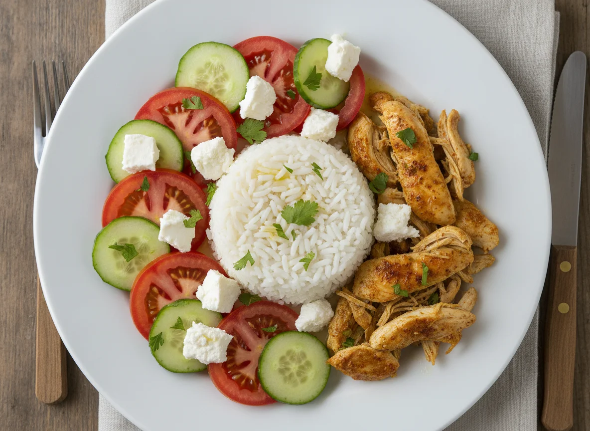 Arroz blanco con ensalada de tomate y pepino con queso y pollo photo