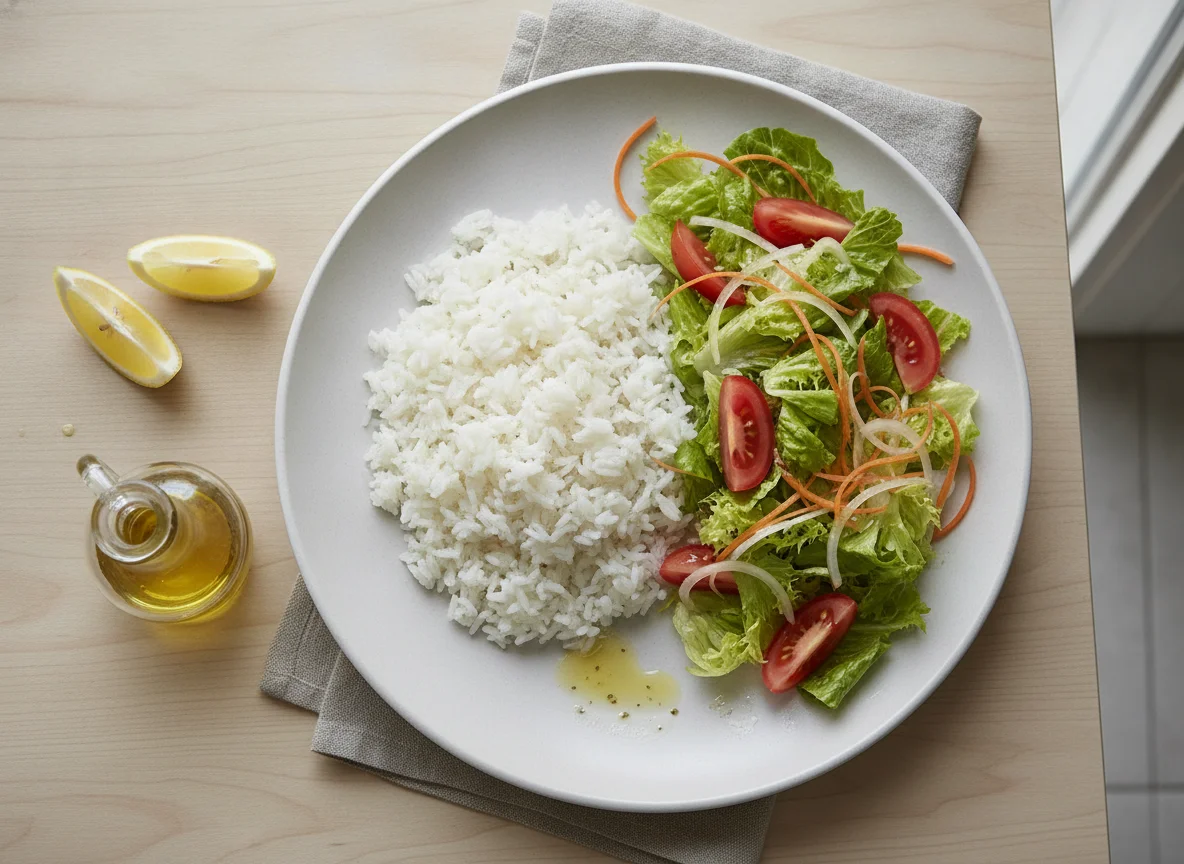Arroz blanco con ensalada fresca photo