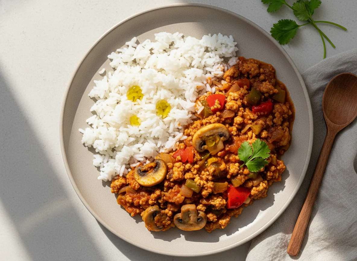 Arroz blanco con estofado de carne picada y verduras photo