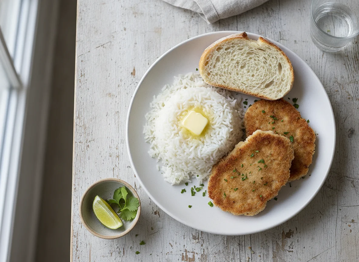Arroz blanco con filetes empanados y pan photo