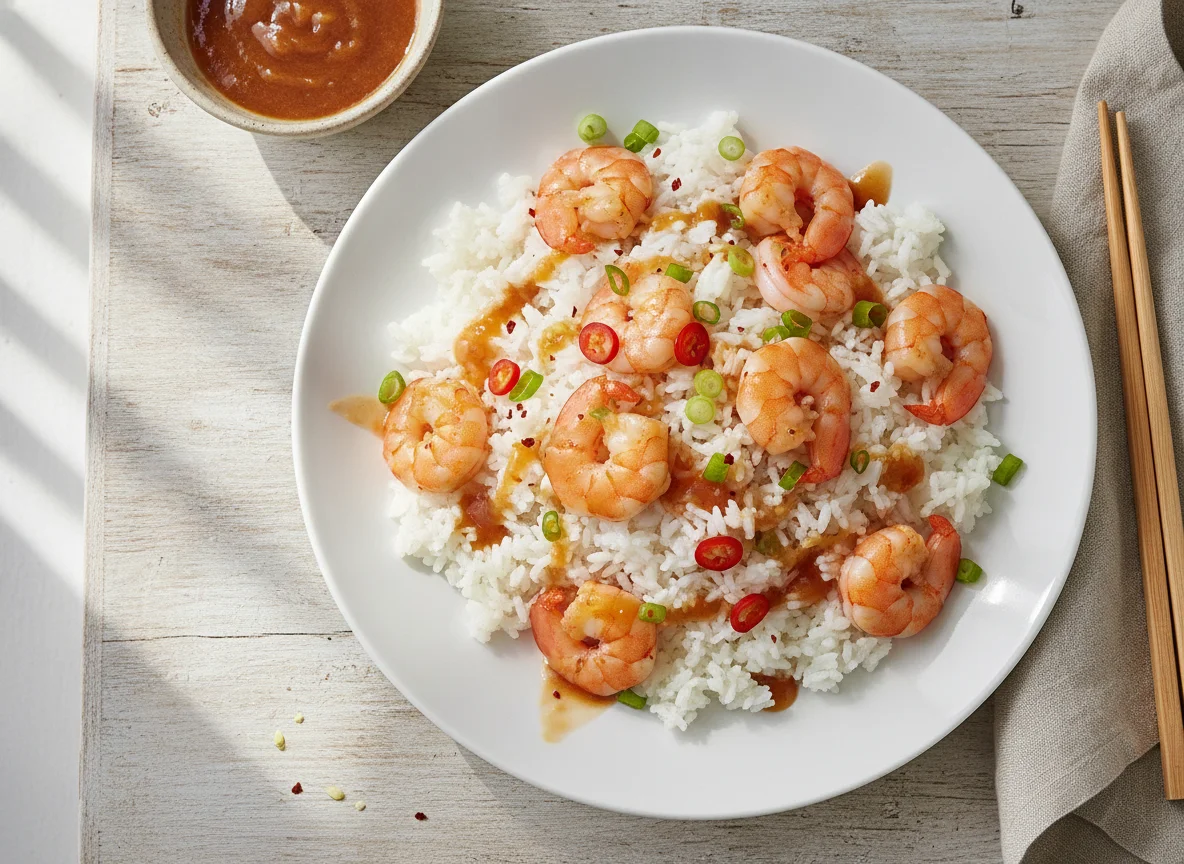 Arroz blanco con gambas photo