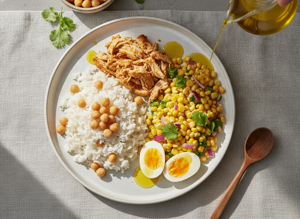 Arroz blanco con garbanzos, pollo y ensalada de maíz photo