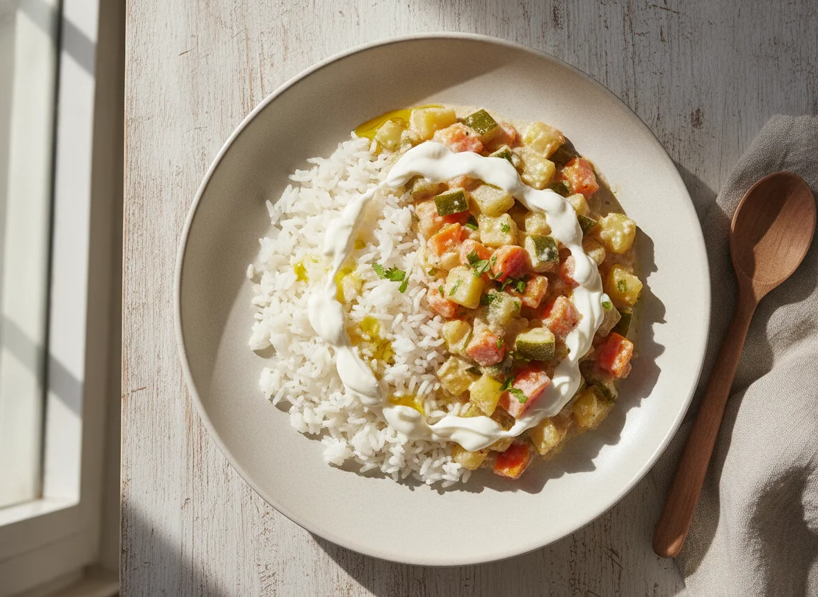 Arroz blanco con guisado de verduras y crema photo