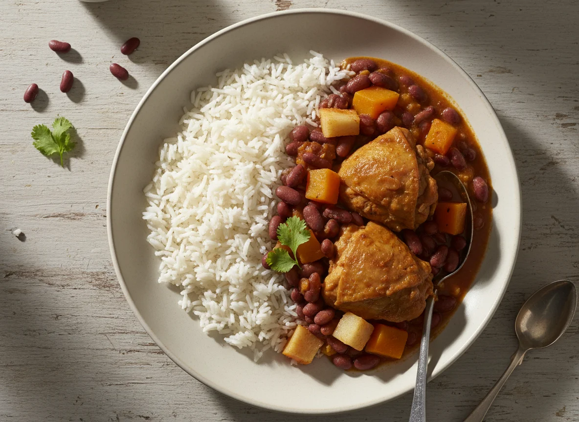Arroz blanco con habichuelas, pollo guisado y viandas photo