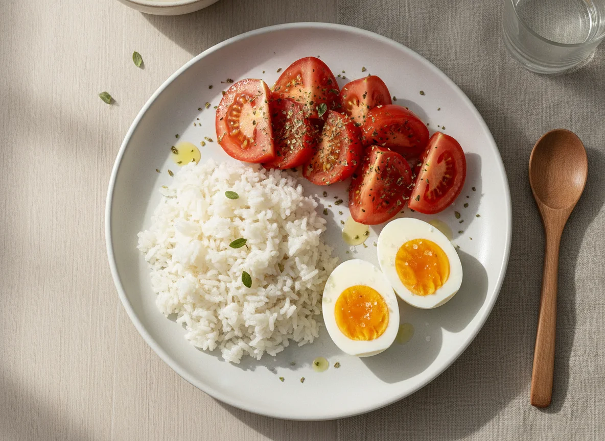 Arroz blanco con huevo duro y ensalada de tomate photo