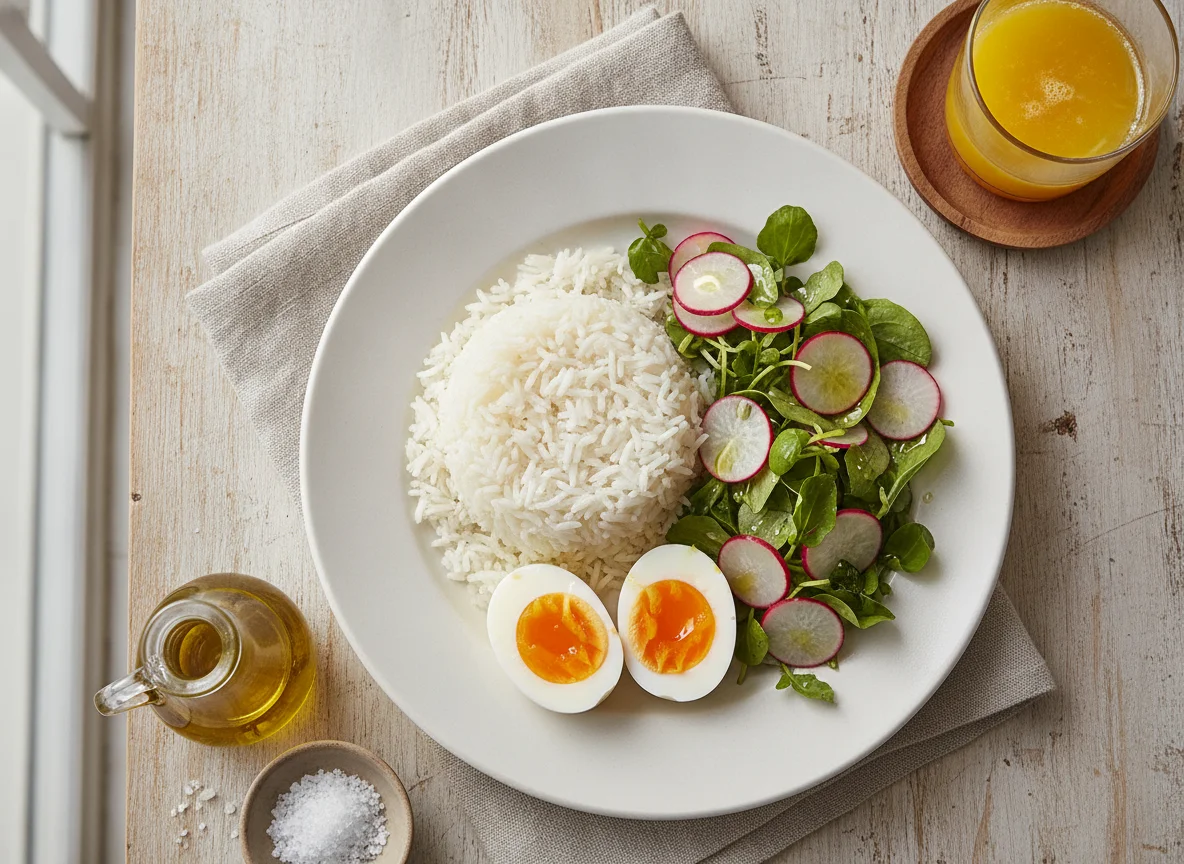 Arroz blanco con huevos hervidos, ensalada de rábano y jugo de naranja photo