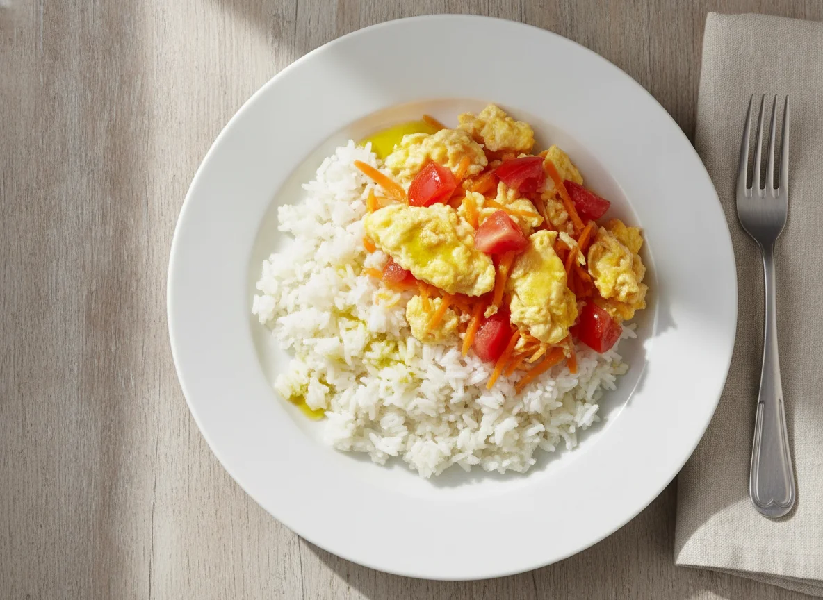 Arroz blanco con huevos revueltos, zanahoria y tomate photo