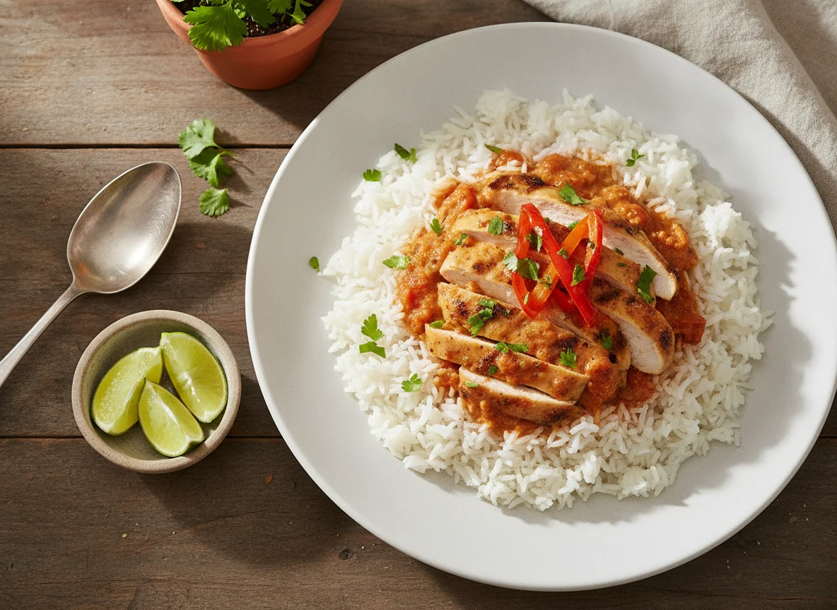 Arroz blanco con pollo en salsa photo