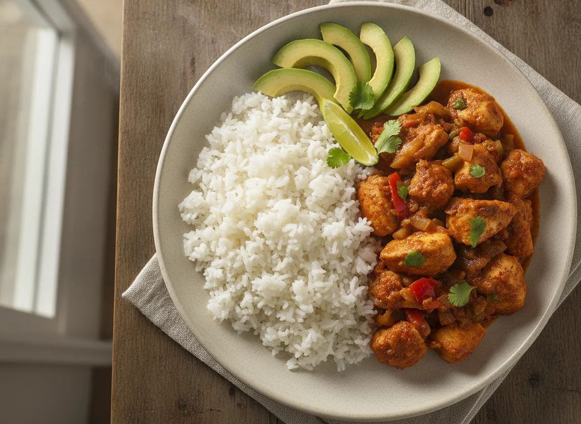 Arroz blanco con pollo guisado y aguacate photo