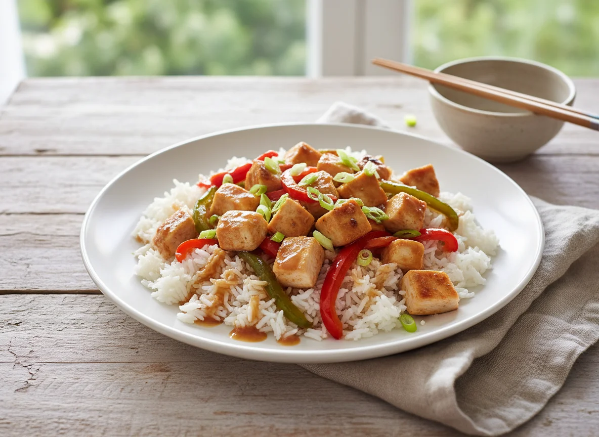Arroz blanco con pollo salteado y pimientos photo