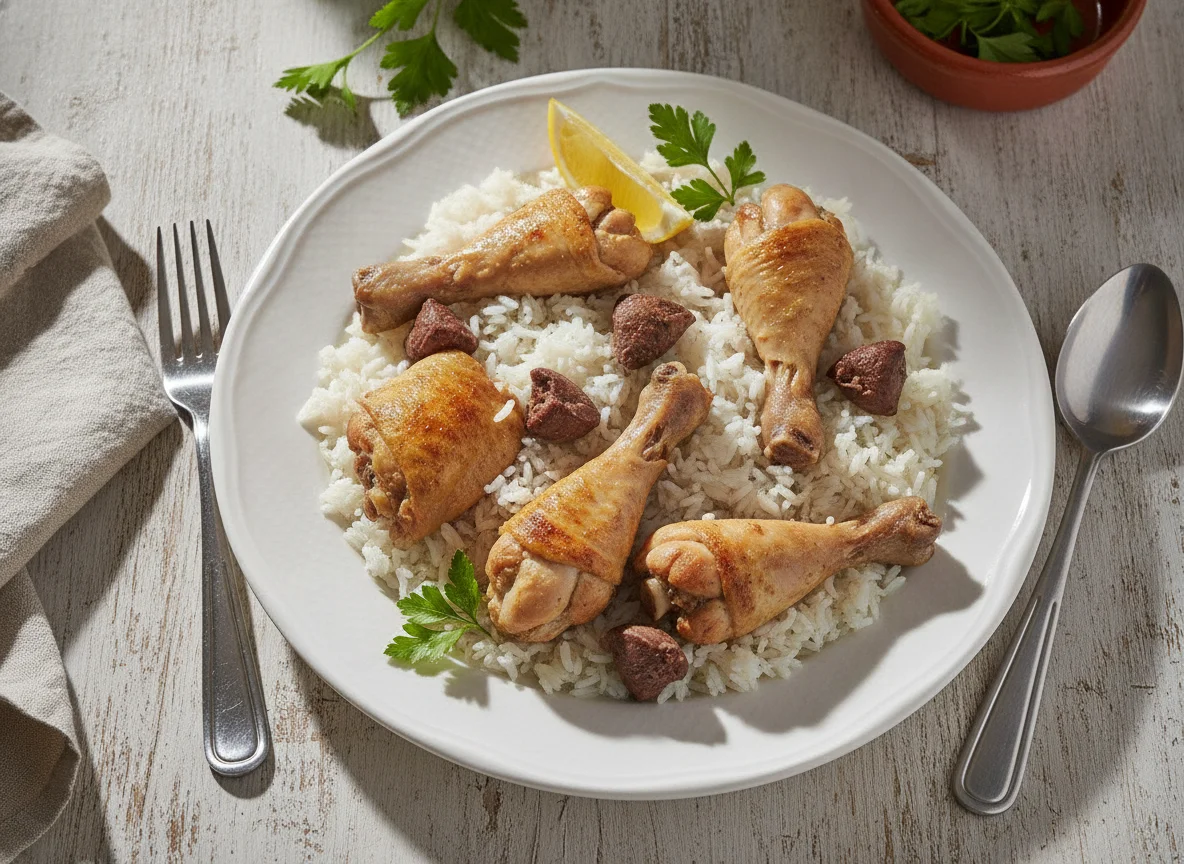 Arroz blanco con pollo y menudillos photo