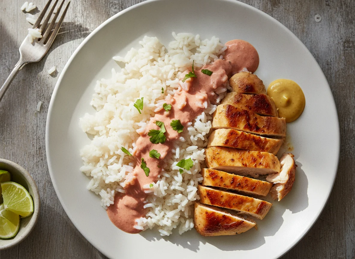 Arroz blanco con pollo y salsa photo