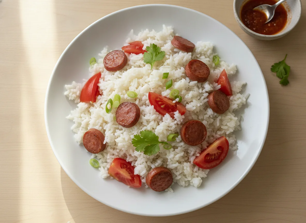 Arroz blanco con salchichas y tomate photo