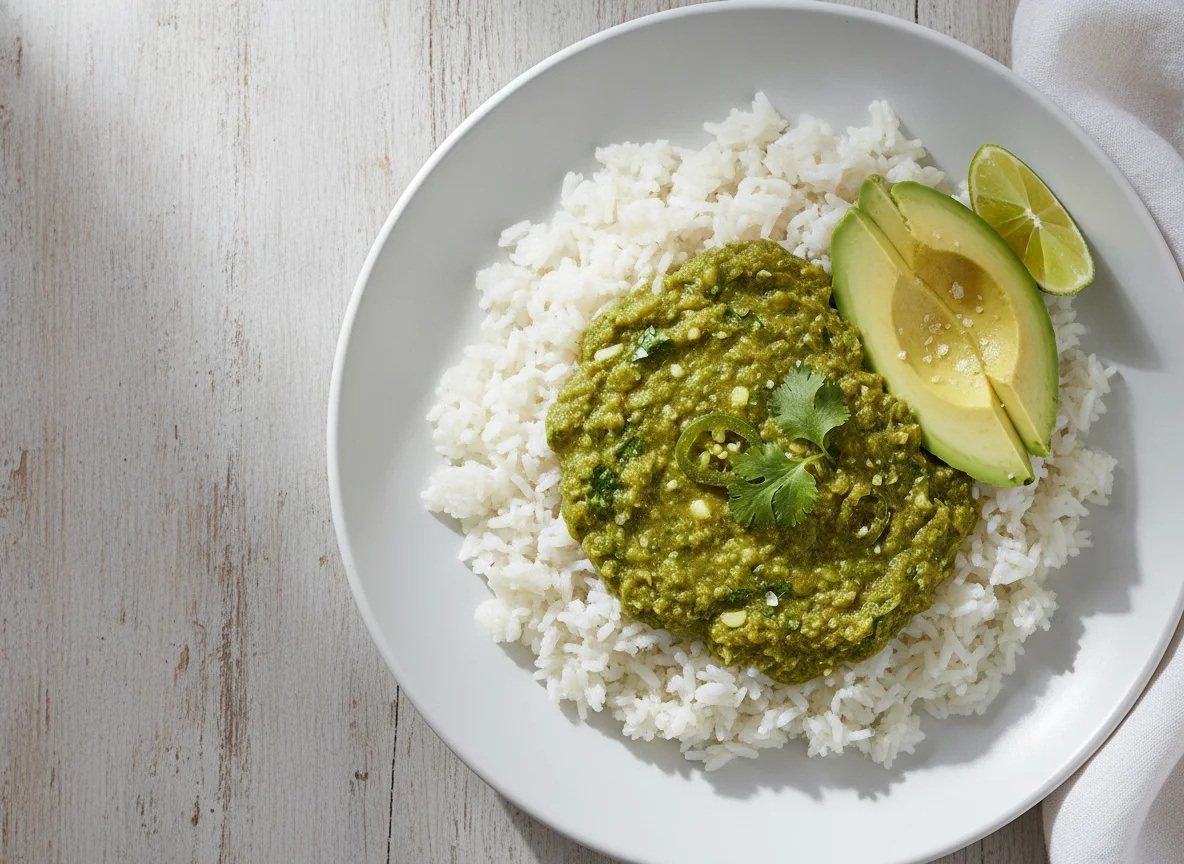 Arroz blanco con salsa verde photo