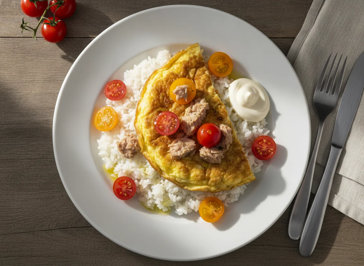 Arroz blanco con tortilla de atún y tomates cherry photo
