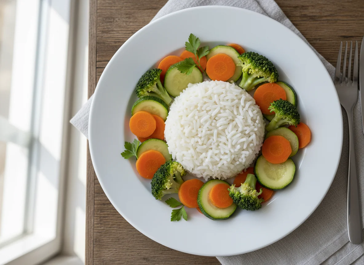 Arroz blanco con verduras al vapor photo