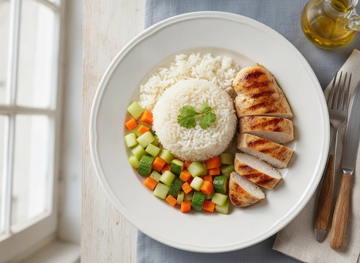 Arroz blanco con verduras y pollo a la plancha photo