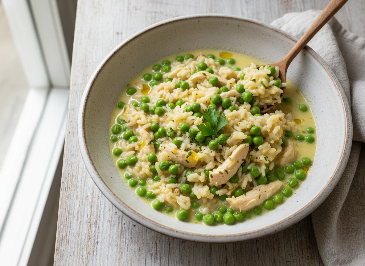Arroz caldoso con guisantes photo