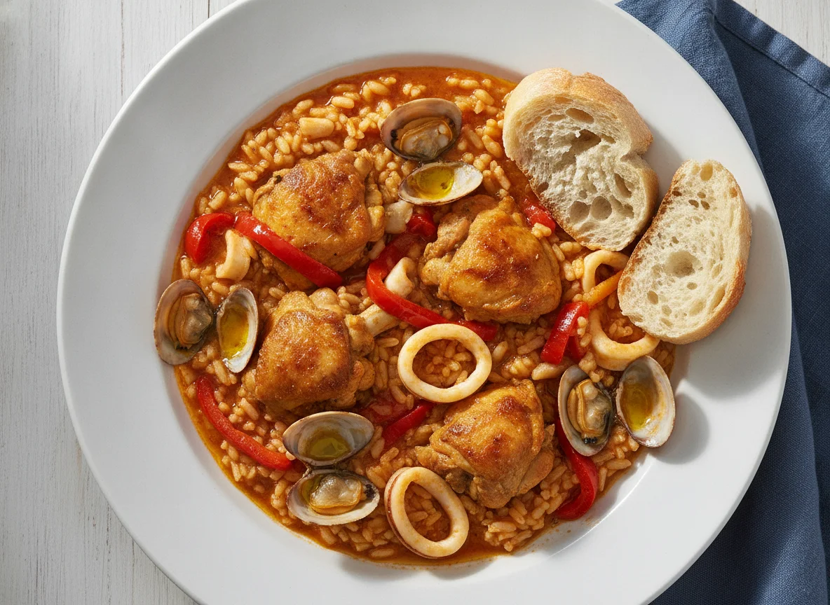 Arroz caldoso con marisco y pollo photo