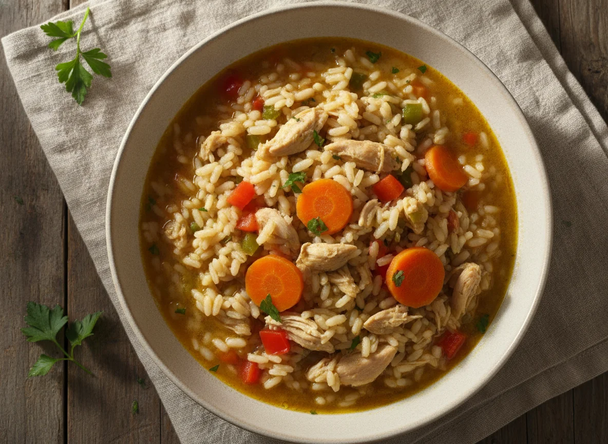 Arroz caldoso con pollo y verduras photo