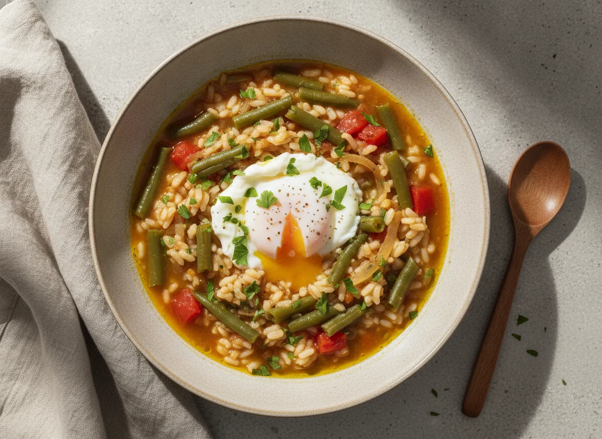 Arroz caldoso con verduras y huevo photo