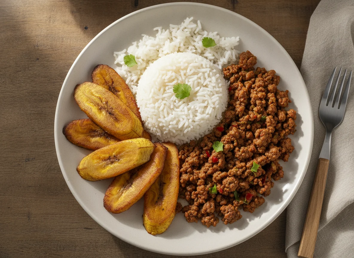 Arroz, carne molida y plátano maduro frito photo