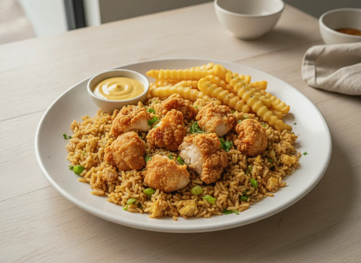 Arroz chaufa con chicharrón de pollo y papas fritas photo